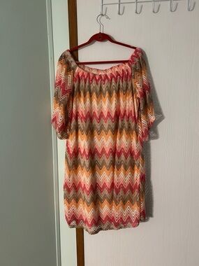 Tacera Women’s Zigzag Off-Shoulder Dress in Pink and Orange Size 3X